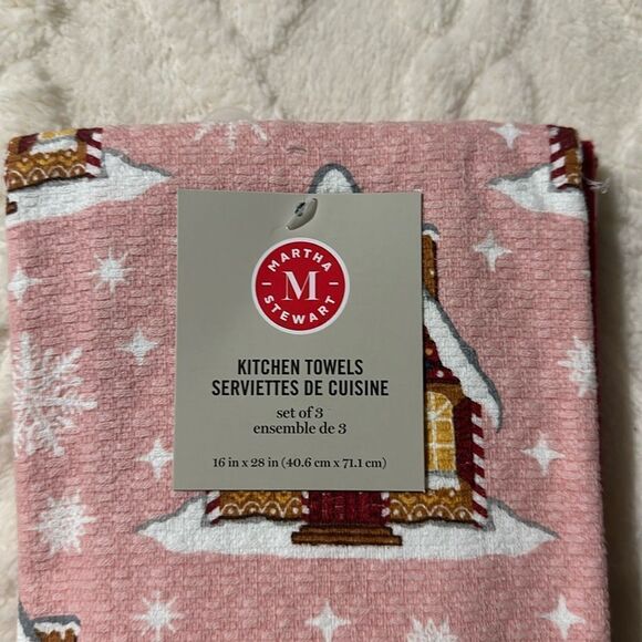 Martha Stewart 3 Cotton Pink Red White Christmas Homes Kitchen Tea Towels - Picture 5 of 8